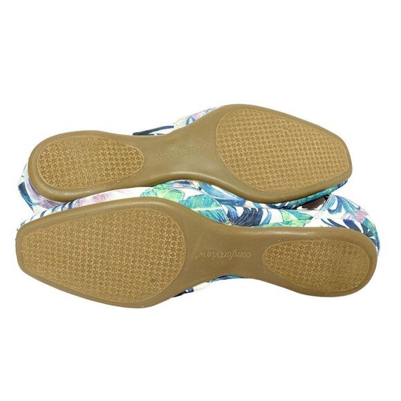 Comfortview Aylin Leaf Print Canvas Flats Sz 7.5M Silver Elastic Ankle Wrap NEW - Picture 7 of 8